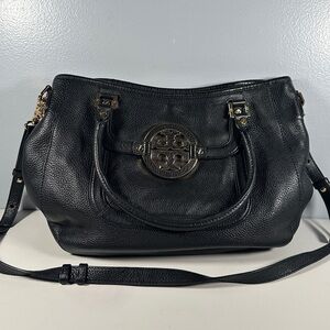 Tory Burch Amanda Hobo Satchel Black Pebbled Leather